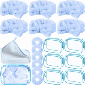 24 Pieces Sleepover Party Supplies Spa Party Favors 6 Spa Headband 6 Velvet Scrunchies 6 Makeup Remover Cloth 6 Clear Cosmetic Bags for Slumber Gift