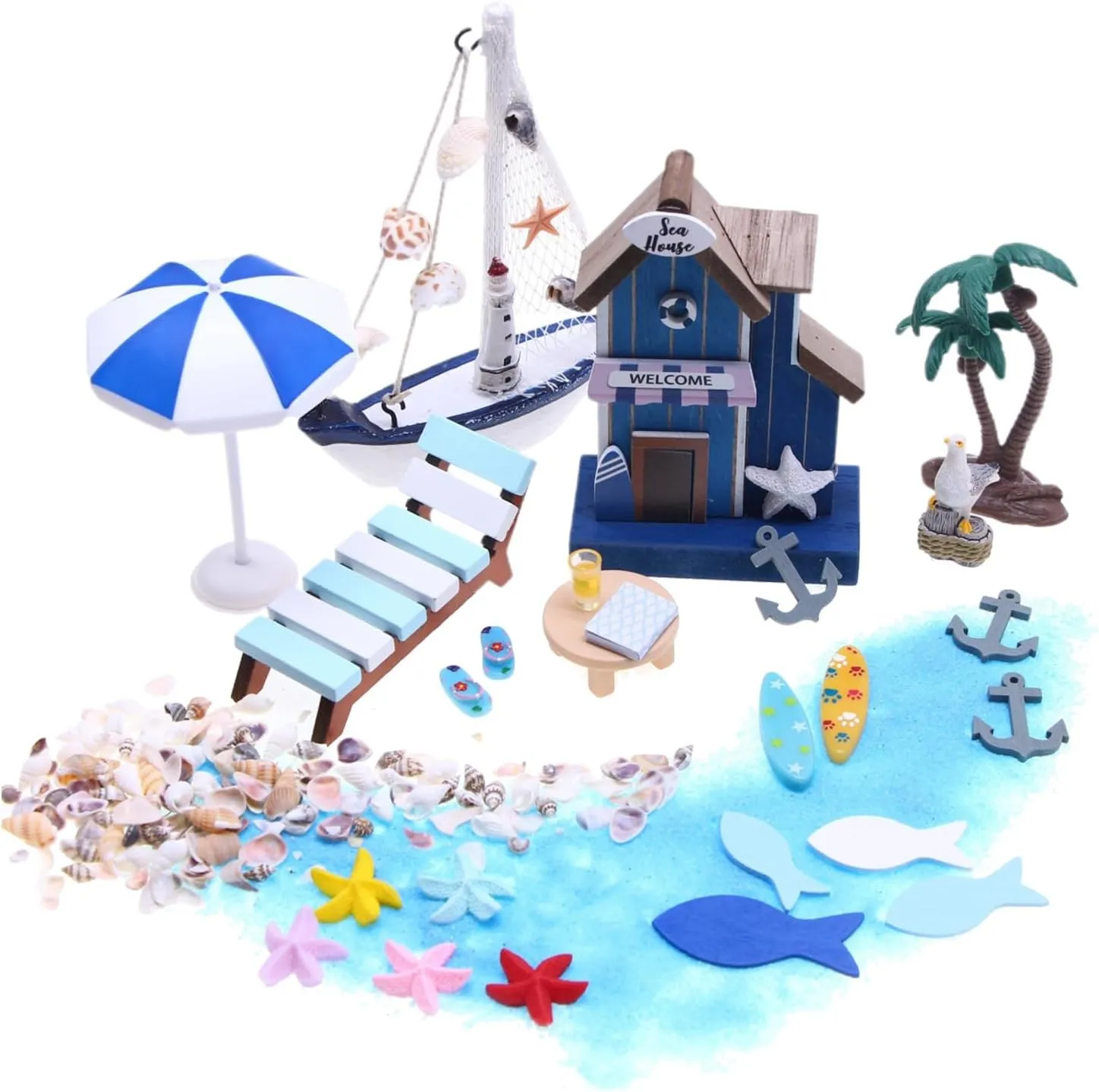 26 Pieces Seaside Beach Miniature House Kit, Sea Themed Beach House Decoration for Fairy Garden, Doll House Scenery