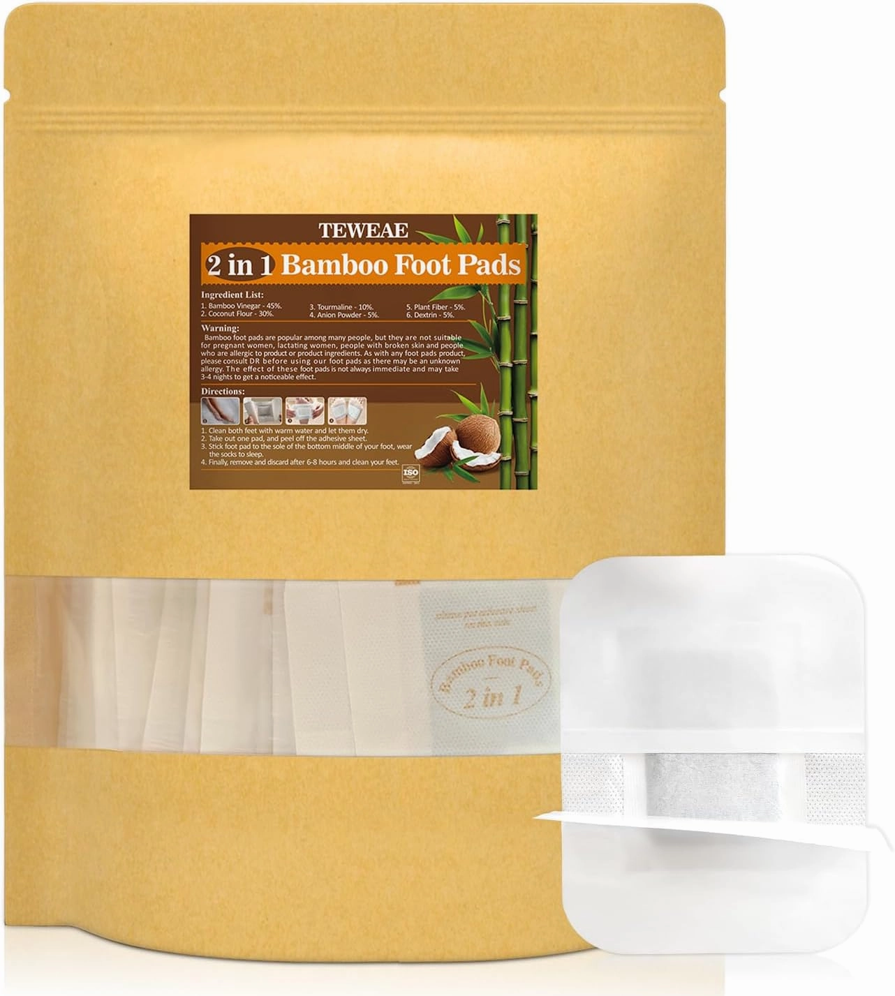 2 in 1 Foot Pads, 124 Pads Bamboo Vinegar Coconut Shell Powder Foot Pads with ''Stay in Place'' Bigger Adhesive Sheet