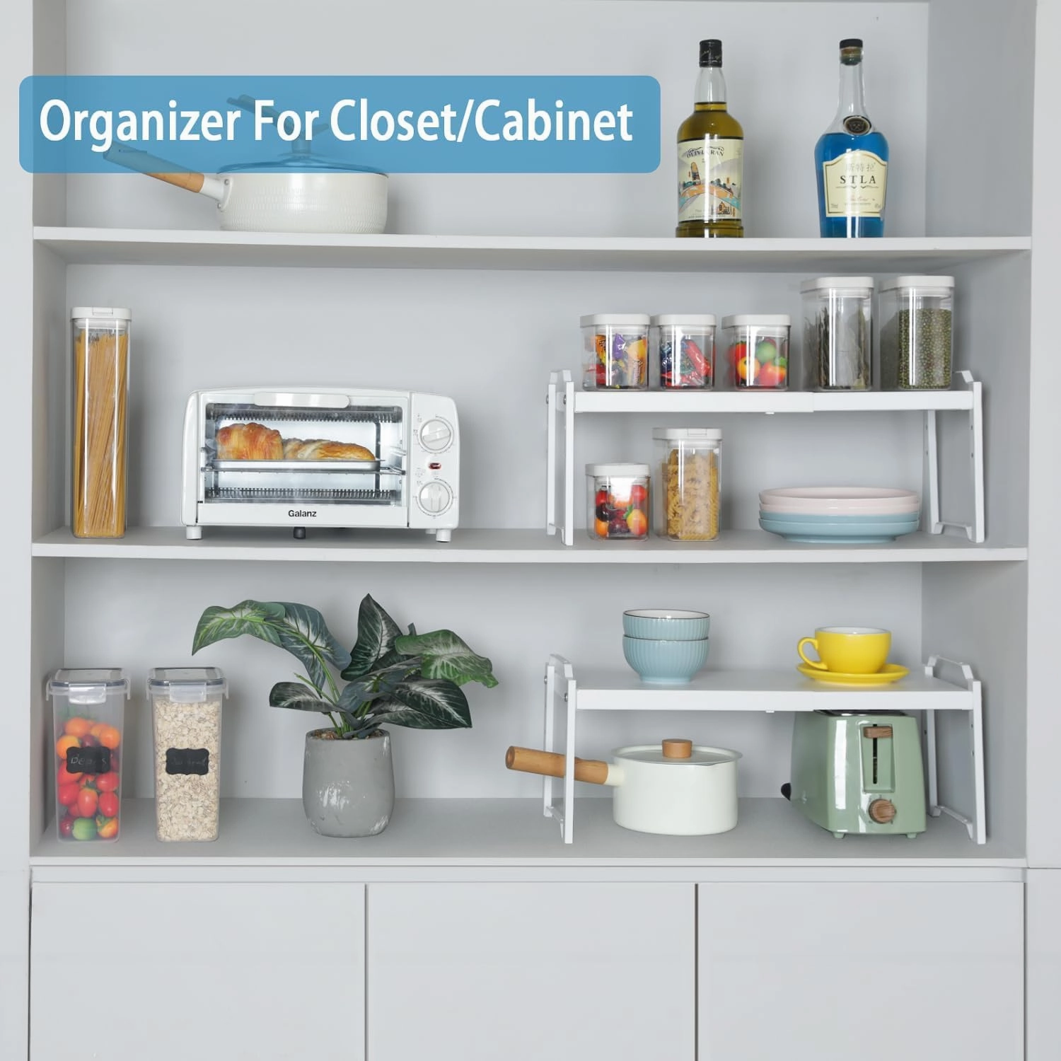 2 Pack Expandable Kitchen Cabinet Shelves Organizers, Stackable Adjustable Small Storage Shelf Rack Stand Riser For Pantry Cabinet Cupboard Kitchen Counter Organization, 22 lbs Capacity, Length:20.5"