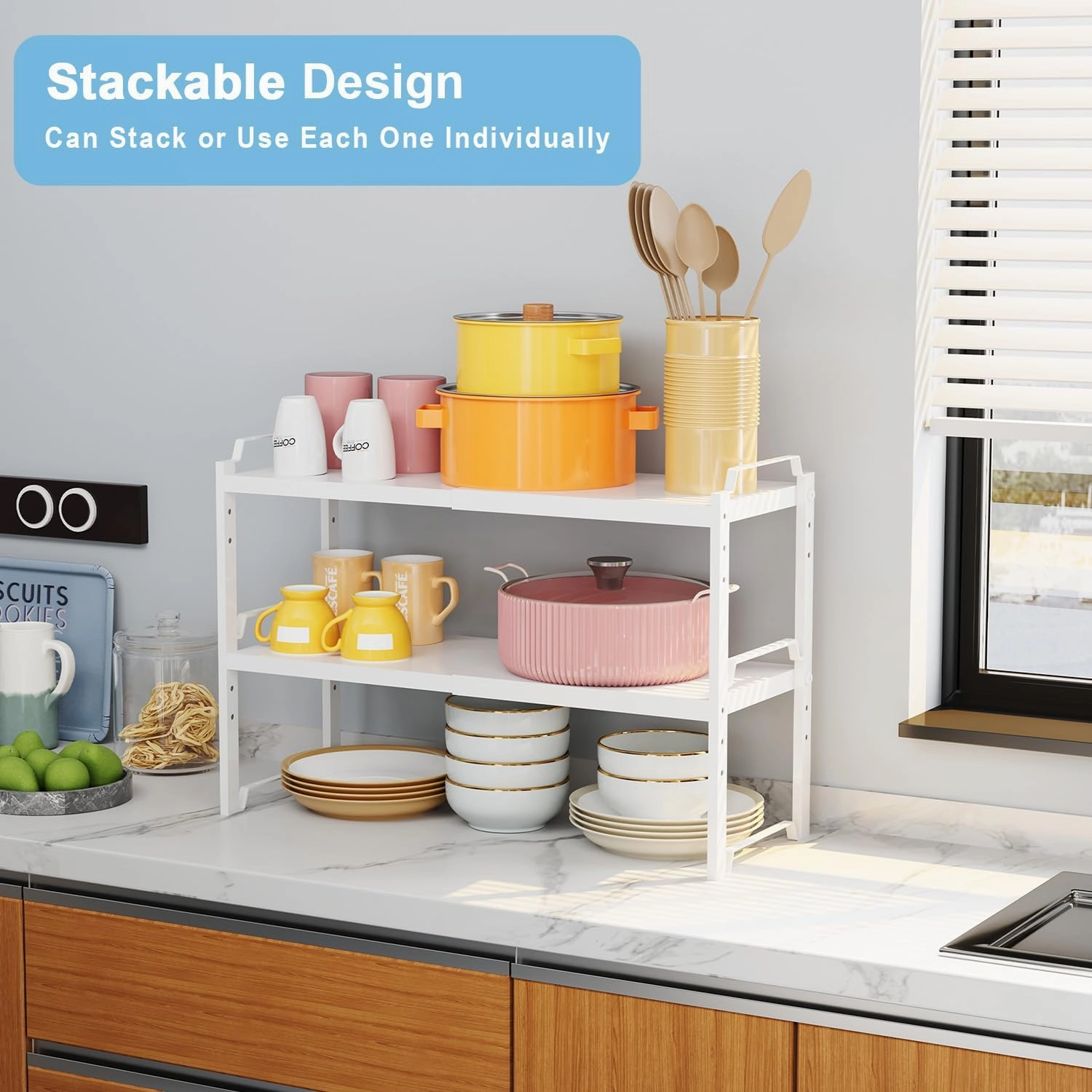 2 Pack Expandable Kitchen Cabinet Shelves Organizers, Stackable Adjustable Small Storage Shelf Rack Stand Riser For Pantry Cabinet Cupboard Kitchen Counter Organization, 22 lbs Capacity, Length:20.5"