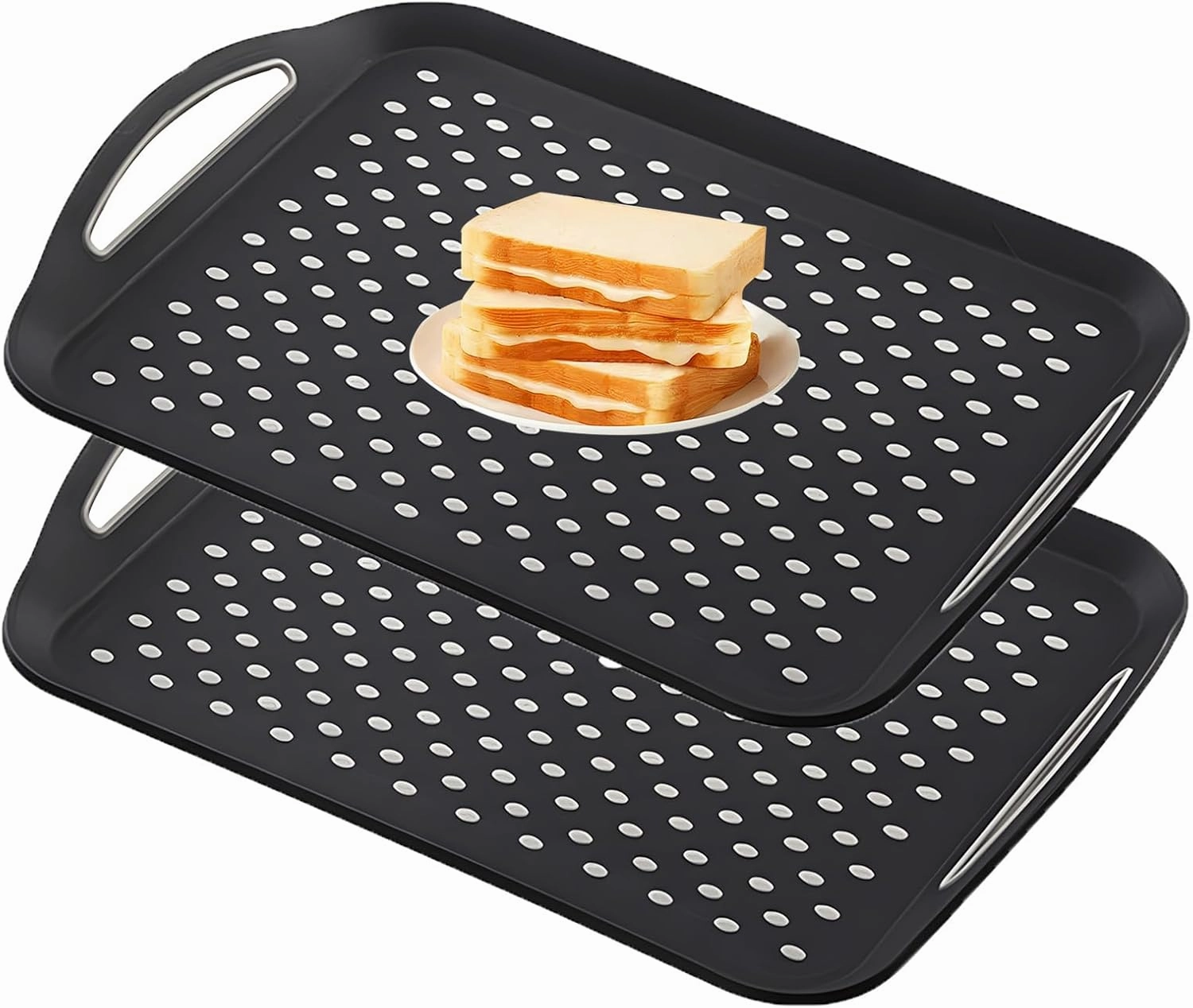2 Pack Rectangle Anti-Slip Food Serving Tray, Perfect for Meals, Snacks, and Drinks, Non-Skid Multipurpose Tray with Handles (Black Big)