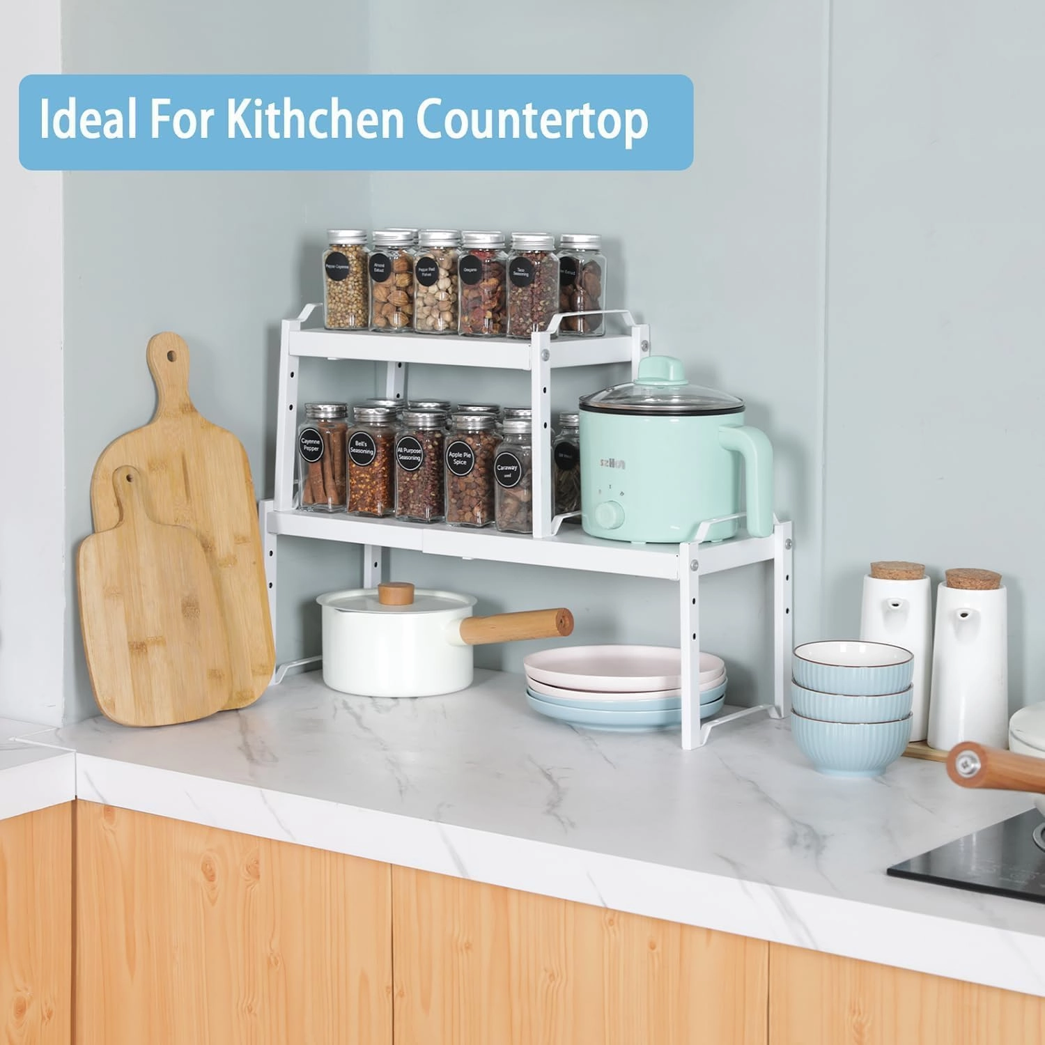 2 Pack Stackable Expandable Shelves For Kitchen Cabinet Countertop Storage, Adjustable Counter Cupboard Pantry Organizer Shelf Rack Stand, Length:25.5 Inch