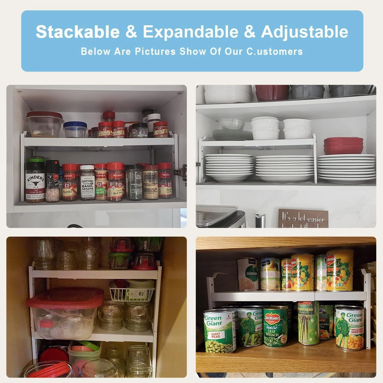 2 Pack Stackable Expandable Shelves For Kitchen Cabinet Countertop Storage, Adjustable Counter Cupboard Pantry Organizer Shelf Rack Stand, Length:25.5 Inch