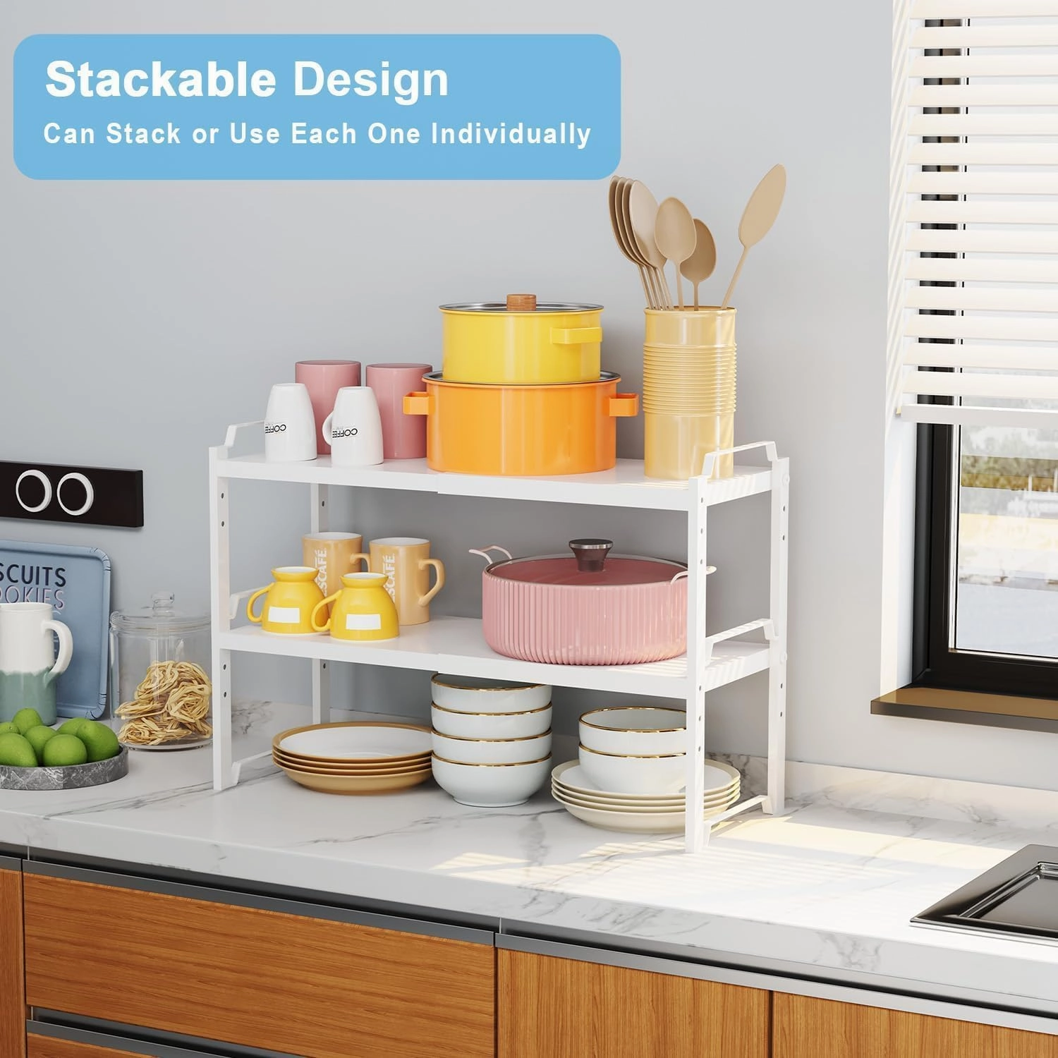 2 Pack Stackable Expandable Shelves For Kitchen Cabinet Countertop Storage, Adjustable Counter Cupboard Pantry Organizer Shelf Rack Stand, Length:25.5 Inch