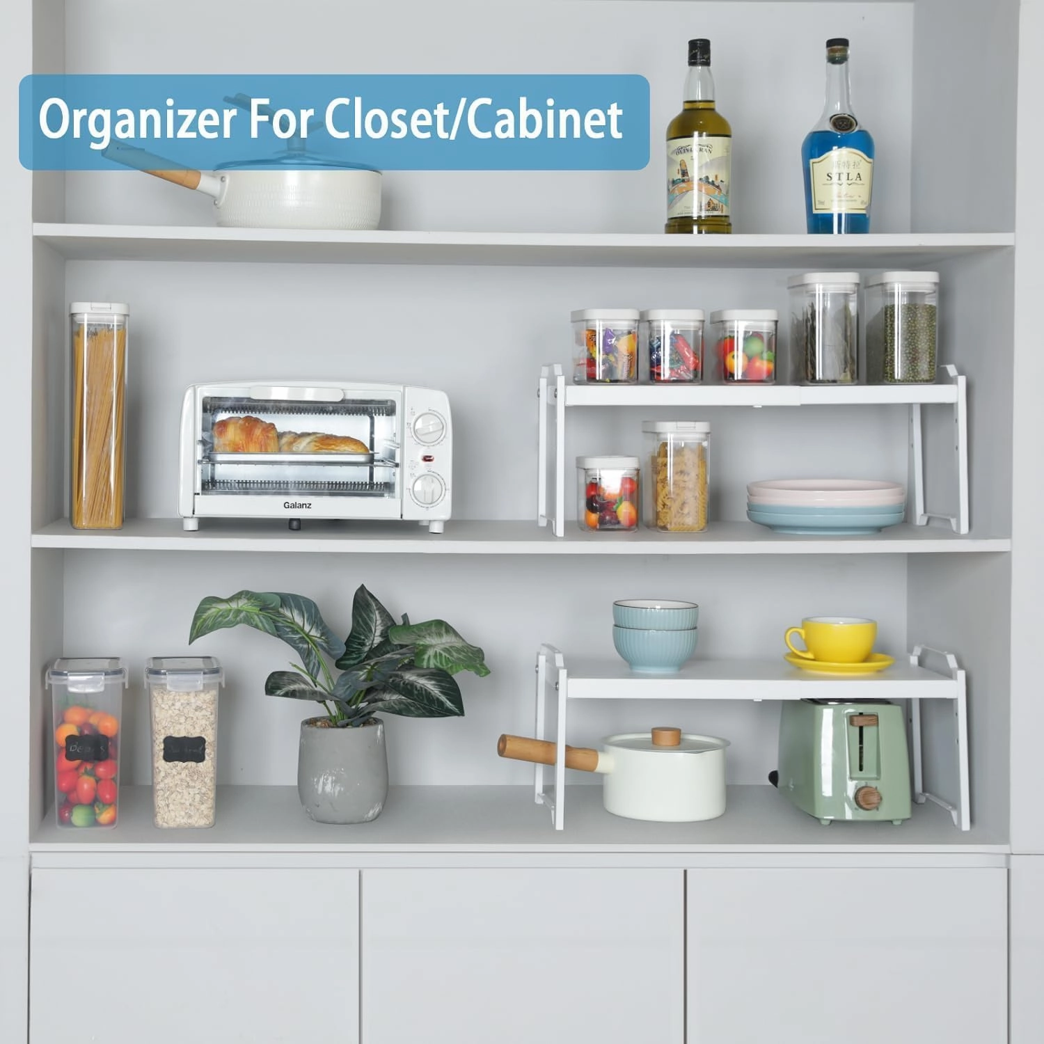 2 Pack Stackable Expandable Shelves For Kitchen Cabinet Countertop Storage, Adjustable Counter Cupboard Pantry Organizer Shelf Rack Stand, Length:25.5 Inch