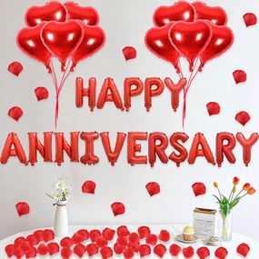 2 Set HAPPY ANNIVERSARY Balloons - 1200pcs Red Artificial Rose Petals, 32pcs 16" Letter, 10pcs 18" Heart Balloons for Valentines Day Decorations
