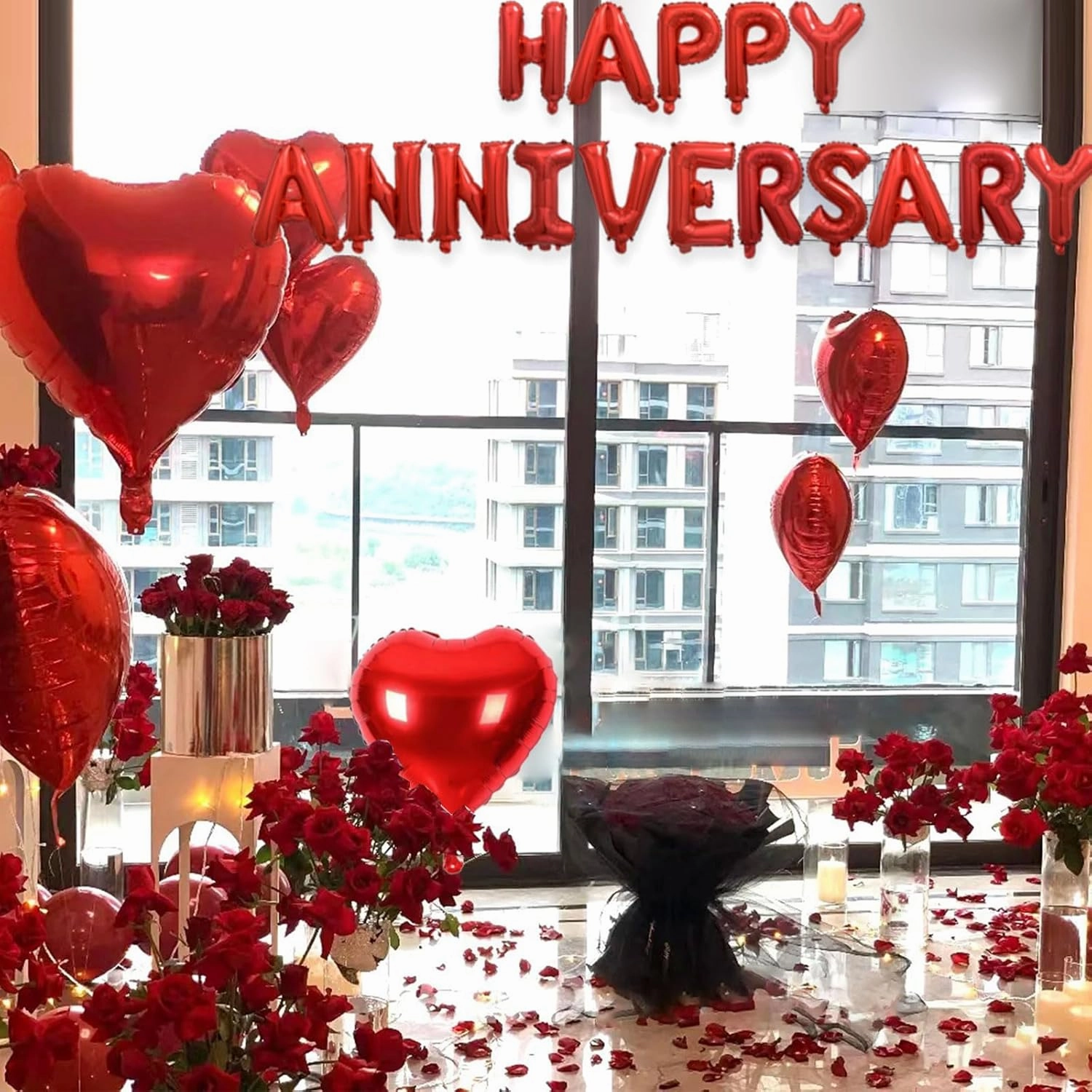 2 Set HAPPY ANNIVERSARY Balloons - 1200pcs Red Artificial Rose Petals, 32pcs 16" Letter, 10pcs 18" Heart Balloons for Valentines Day Decorations