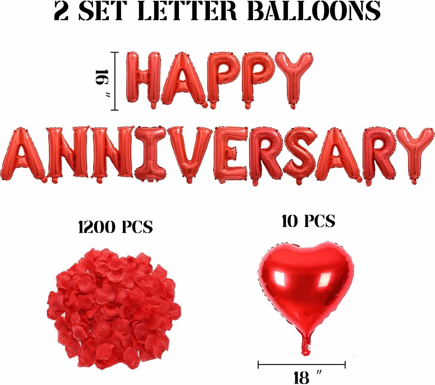 2 Set HAPPY ANNIVERSARY Balloons - 1200pcs Red Artificial Rose Petals, 32pcs 16" Letter, 10pcs 18" Heart Balloons for Valentines Day Decorations