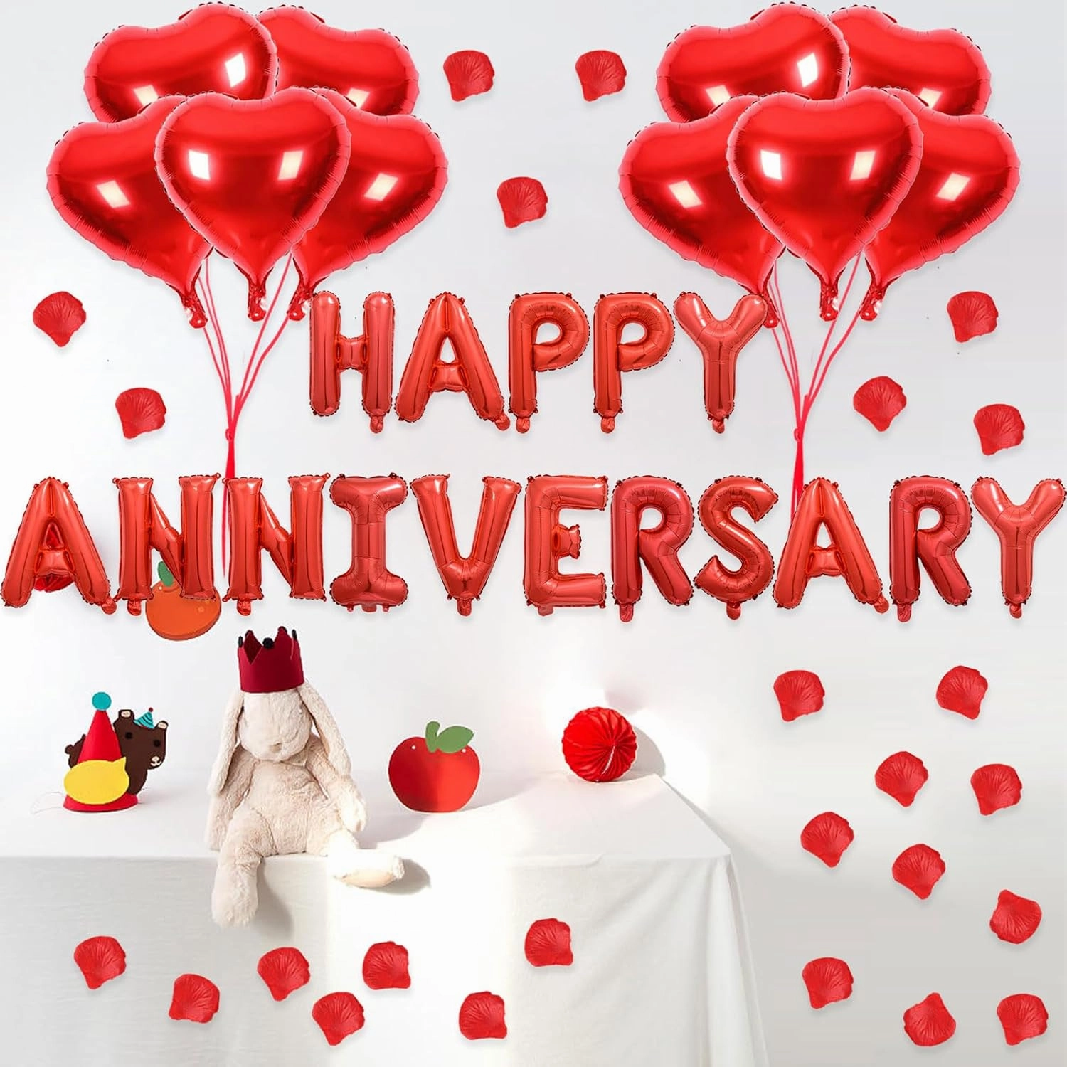 2 Set HAPPY ANNIVERSARY Balloons - 1200pcs Red Artificial Rose Petals, 32pcs 16" Letter, 10pcs 18" Heart Balloons for Valentines Day Decorations