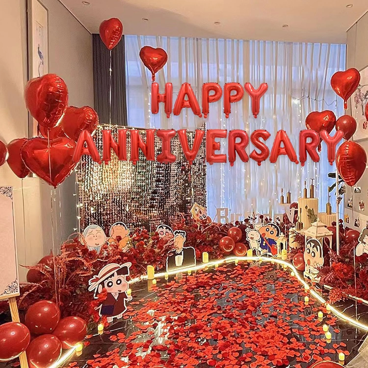 2 Set HAPPY ANNIVERSARY Balloons - 1200pcs Red Artificial Rose Petals, 32pcs 16" Letter, 10pcs 18" Heart Balloons for Valentines Day Decorations