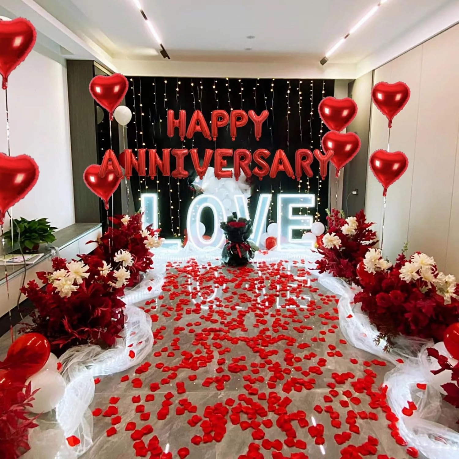 2 Set HAPPY ANNIVERSARY Balloons - 1200pcs Red Artificial Rose Petals, 32pcs 16" Letter, 10pcs 18" Heart Balloons for Valentines Day Decorations