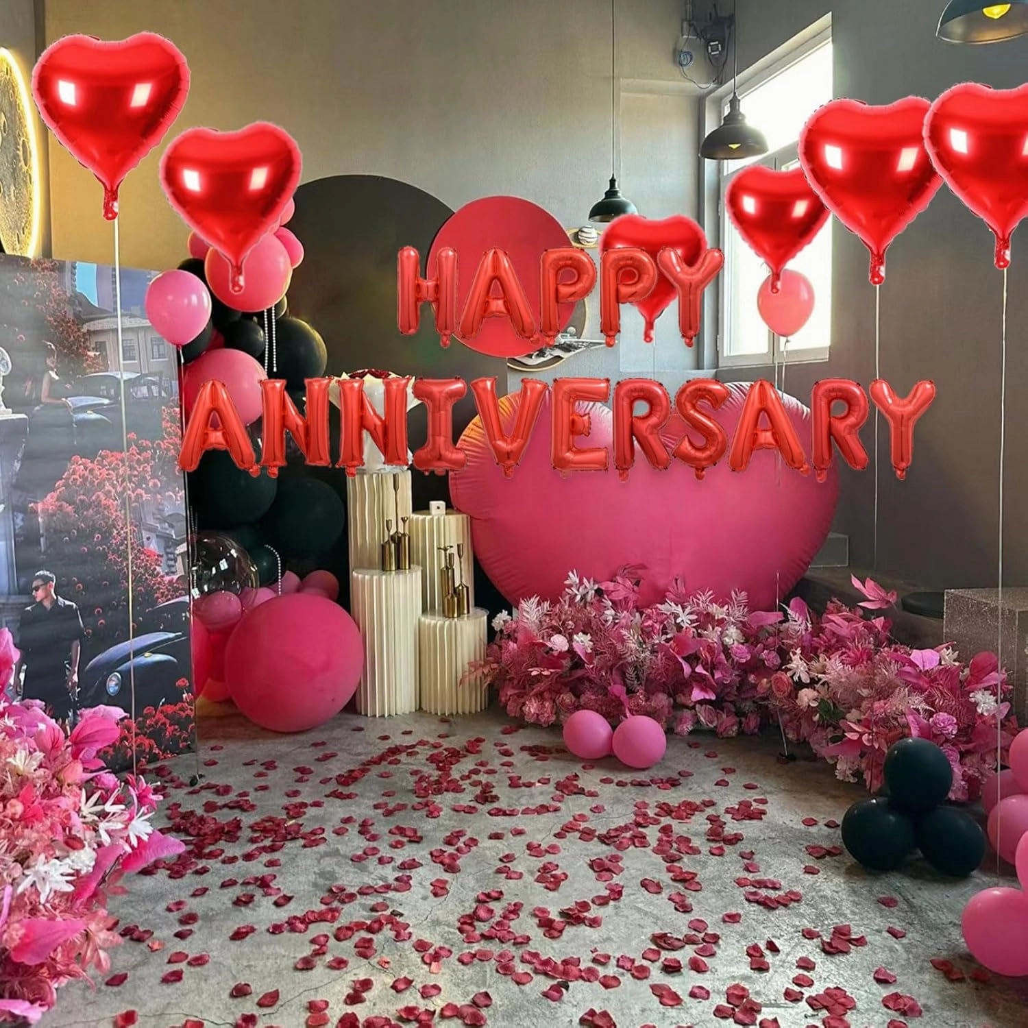 2 Set HAPPY ANNIVERSARY Balloons - 1200pcs Red Artificial Rose Petals, 32pcs 16" Letter, 10pcs 18" Heart Balloons for Valentines Day Decorations