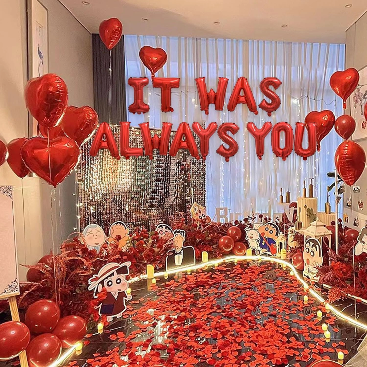 2 Set Red IT WAS ALWAYS YOU Balloons - 28pcs 16" Letter, 10pcs 18" Heart With 1200pcs Red Artificial Rose Petals Alphabet Foil Mylar for Valentines Day Decorations