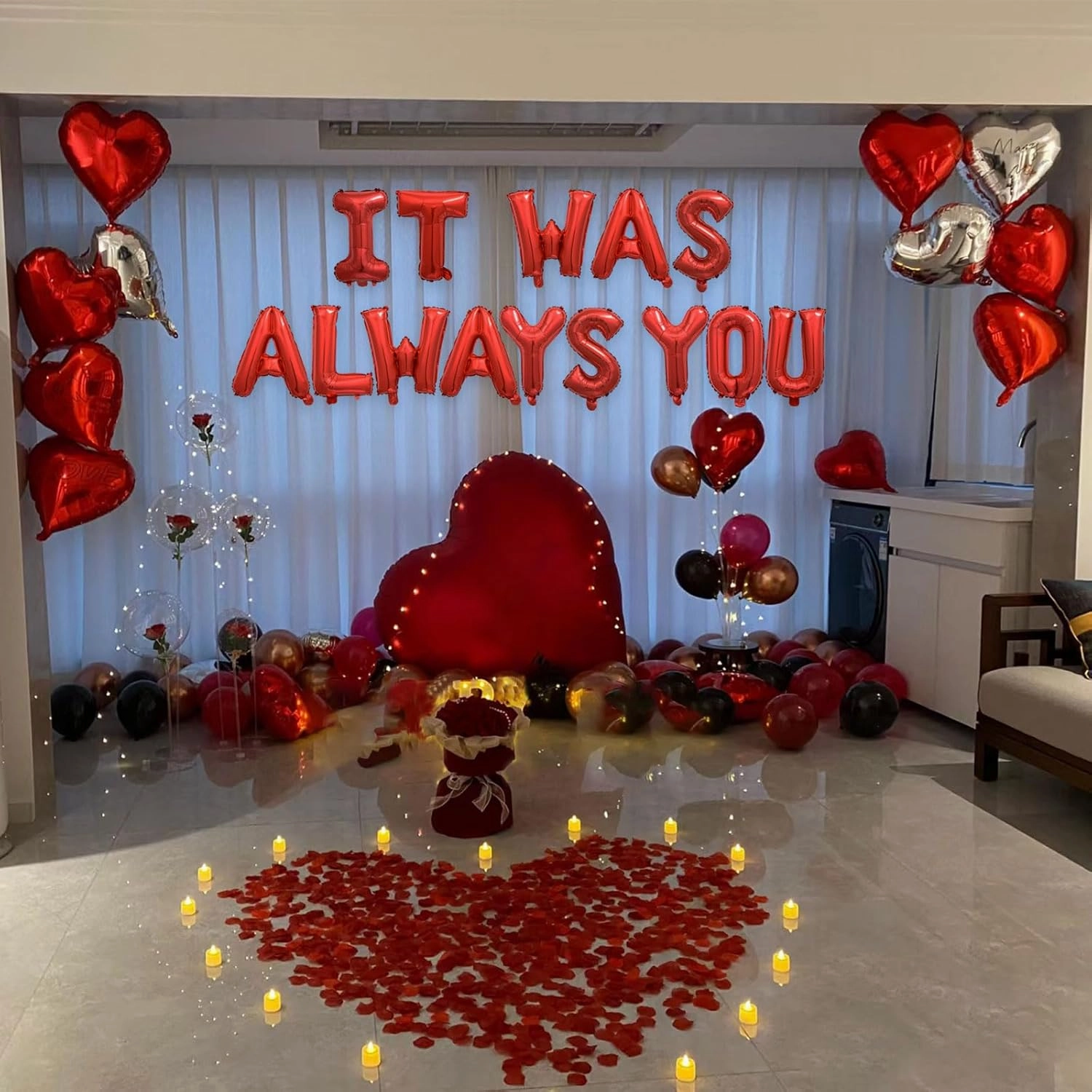 2 Set Red IT WAS ALWAYS YOU Balloons - 28pcs 16" Letter, 10pcs 18" Heart With 1200pcs Red Artificial Rose Petals Alphabet Foil Mylar for Valentines Day Decorations