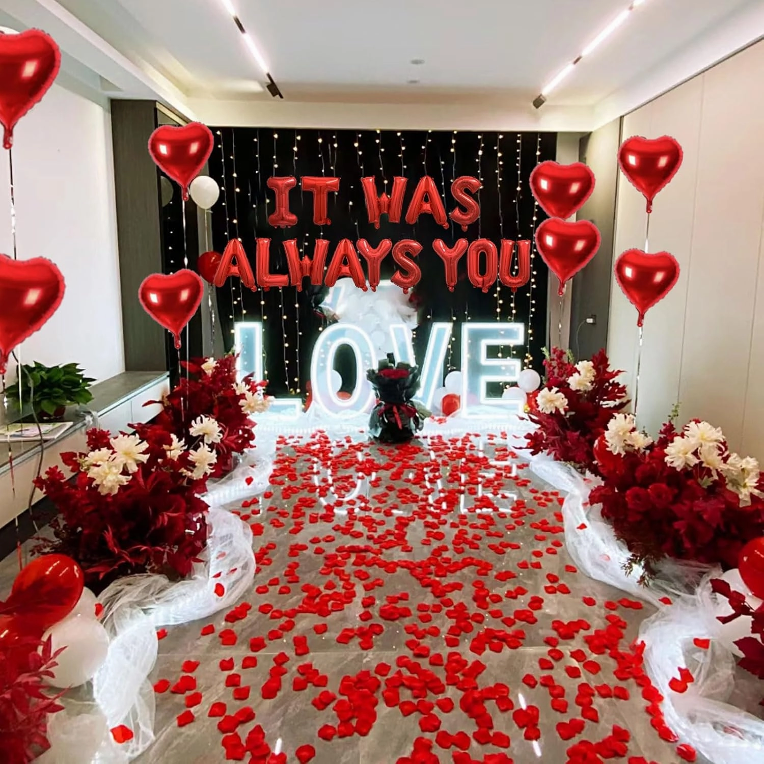 2 Set Red IT WAS ALWAYS YOU Balloons - 28pcs 16" Letter, 10pcs 18" Heart With 1200pcs Red Artificial Rose Petals Alphabet Foil Mylar for Valentines Day Decorations