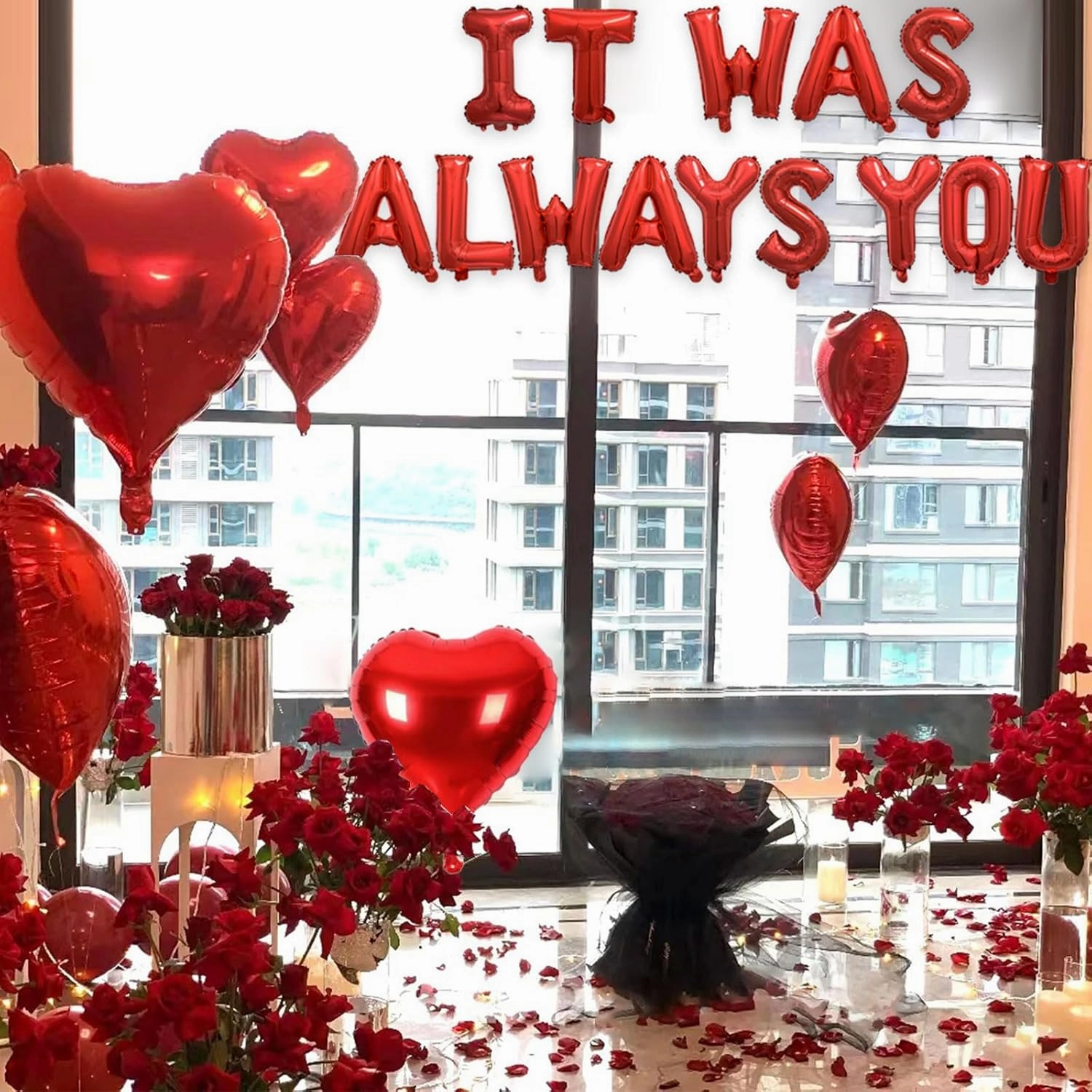 2 Set Red IT WAS ALWAYS YOU Balloons - 28pcs 16" Letter, 10pcs 18" Heart With 1200pcs Red Artificial Rose Petals Alphabet Foil Mylar for Valentines Day Decorations