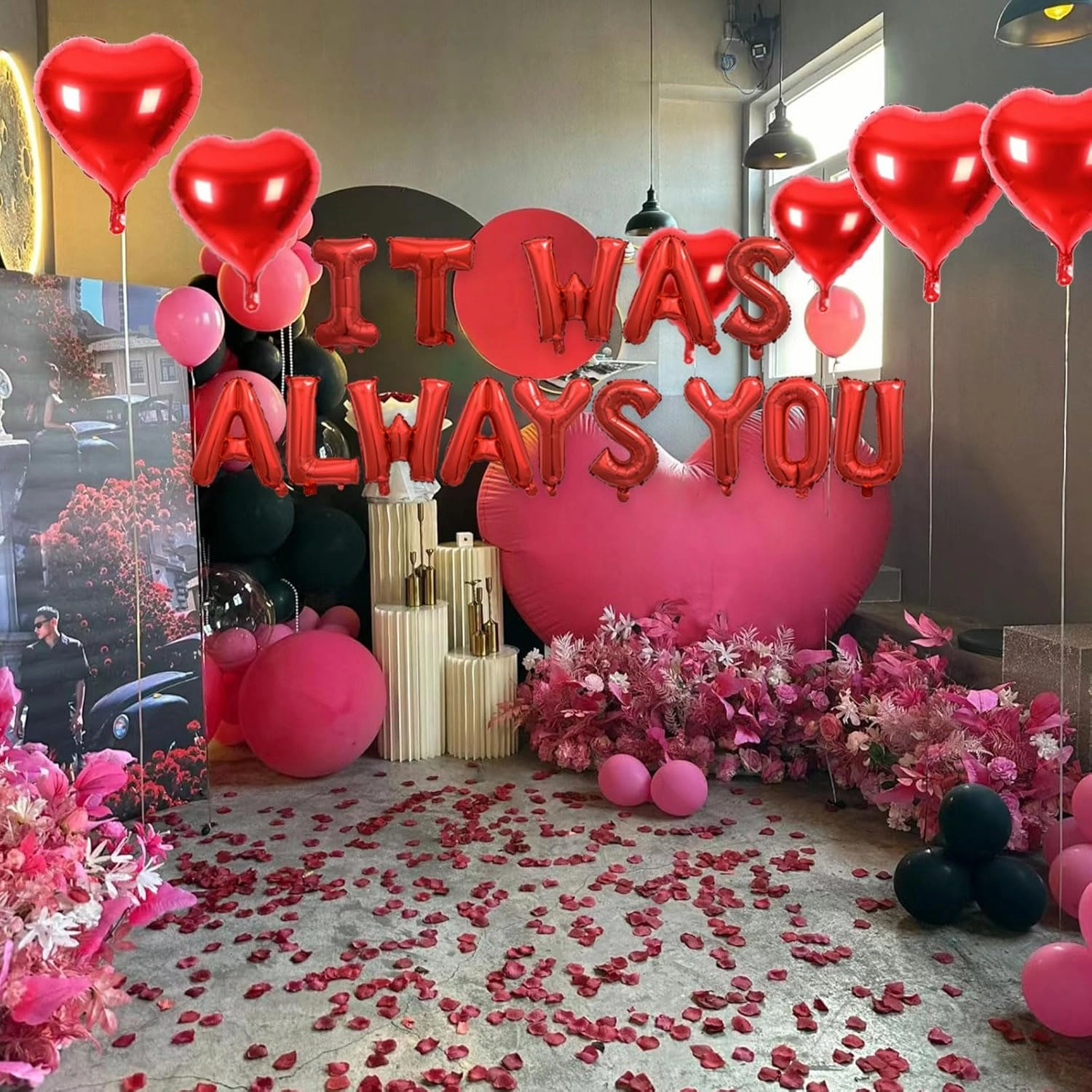 2 Set Red IT WAS ALWAYS YOU Balloons - 28pcs 16" Letter, 10pcs 18" Heart With 1200pcs Red Artificial Rose Petals Alphabet Foil Mylar for Valentines Day Decorations