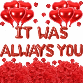 2 Set Red IT WAS ALWAYS YOU Balloons - 28pcs 16" Letter, 10pcs 18" Heart With 1200pcs Red Artificial Rose Petals Alphabet Foil Mylar for Valentines Day Decorations