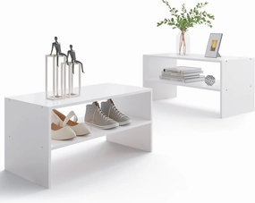 2-Tier Stackable White Shoe Rack, Wooden 2-Shelf Shoe Organizer Freestanding Shoe Storage Stand for 6-9 Pairs, Perfect for Closet, Entryway, Office Use - White(Pack of 2)