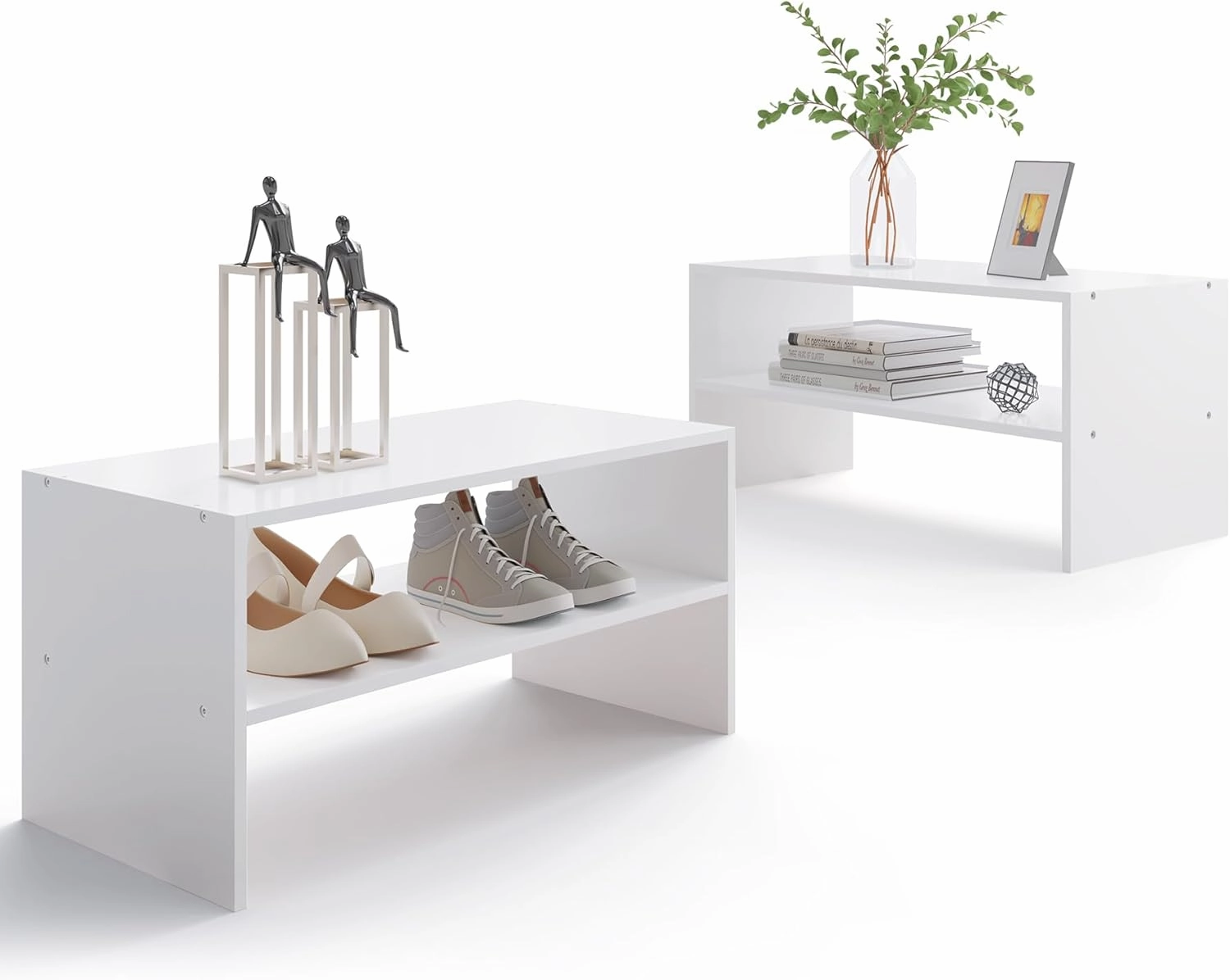 2-Tier Stackable White Shoe Rack, Wooden 2-Shelf Shoe Organizer Freestanding Shoe Storage Stand for 6-9 Pairs, Perfect for Closet, Entryway, Office Use - White(Pack of 2)