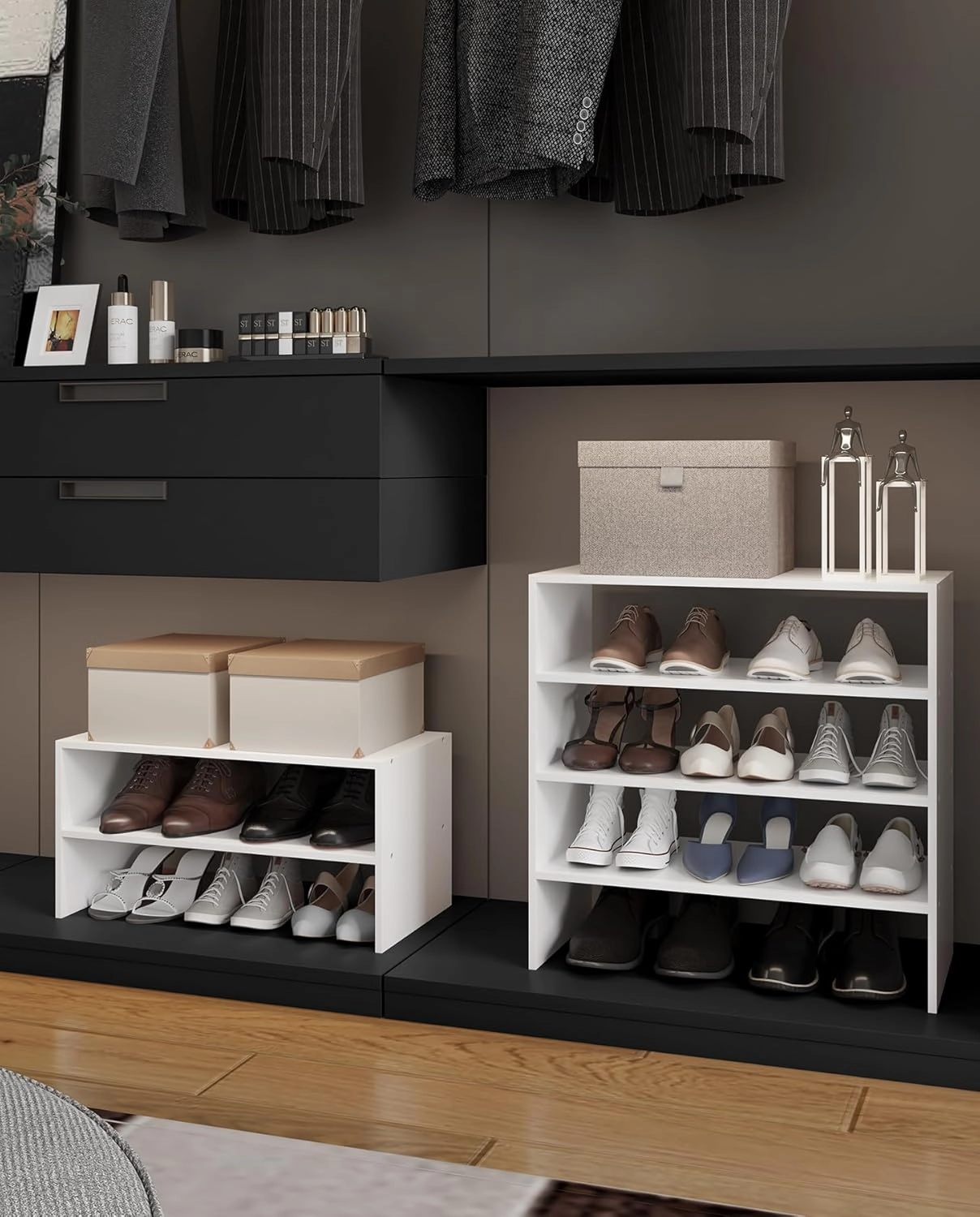 2-Tier Stackable White Shoe Rack, Wooden 2-Shelf Shoe Organizer Freestanding Shoe Storage Stand for 6-9 Pairs, Perfect for Closet, Entryway, Office Use - White(Pack of 2)