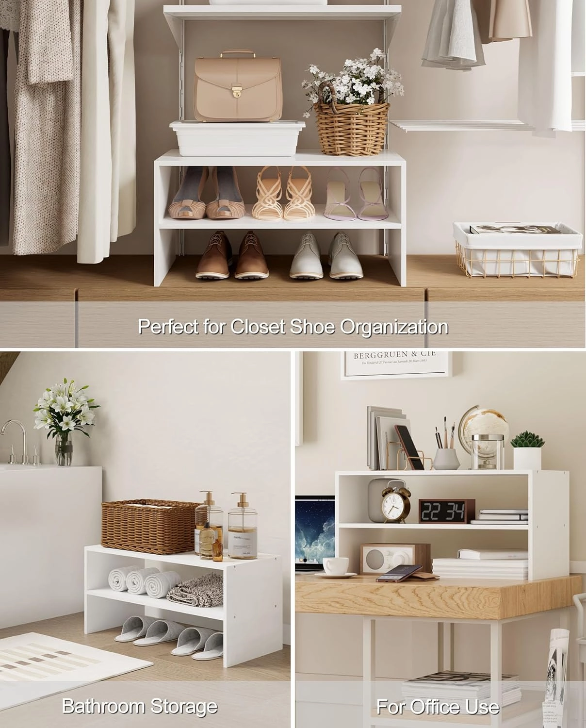 2-Tier Stackable White Shoe Rack, Wooden 2-Shelf Shoe Organizer Freestanding Shoe Storage Stand for 6-9 Pairs, Perfect for Closet, Entryway, Office Use - White(Pack of 2)