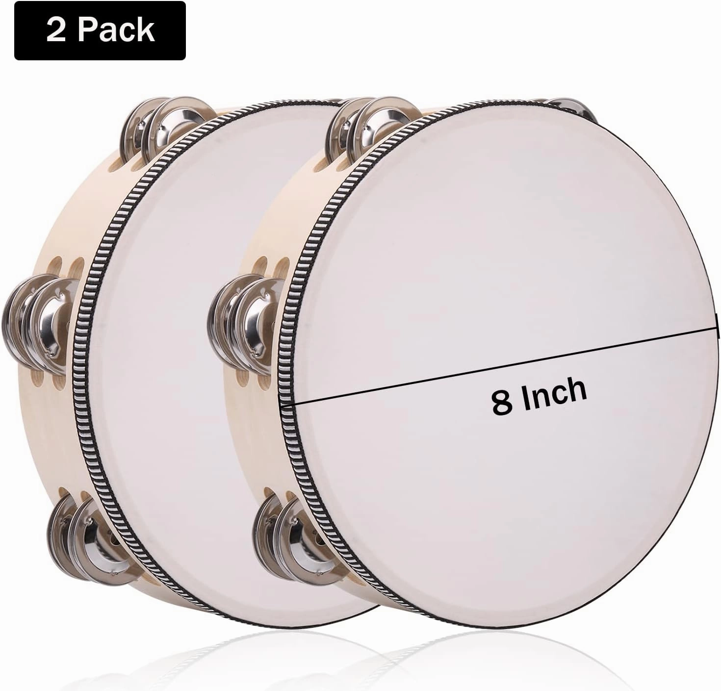 2Pack 8 Inch Double Row Tambourine for Adults Wooden Hand Held Drum Bell Tambourine with Metal Jingles, Percussion Musical Instruments Hand Tambourine for Church, KTV, Party