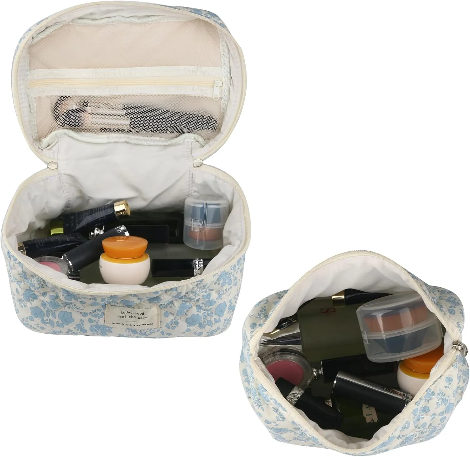2Pcs Large Capacity Makeup Bag for Women, Cute Portable Quilted Coquette Aesthetic Floral Cosmetic Bag, Organizer Storage Travel Toiletry Bag (0091-Navy Blue)
