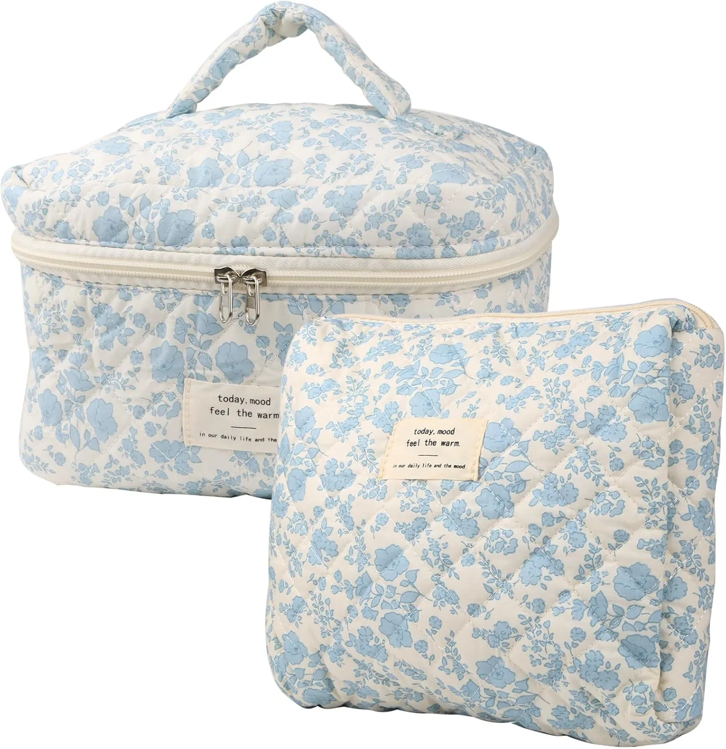 2Pcs Large Capacity Makeup Bag for Women, Cute Portable Quilted Coquette Aesthetic Floral Cosmetic Bag, Organizer Storage Travel Toiletry Bag (0091-Navy Blue)