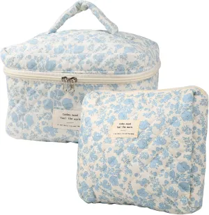 2Pcs Large Capacity Makeup Bag for Women, Cute Portable Quilted Coquette Aesthetic Floral Cosmetic Bag, Organizer Storage Travel Toiletry Bag (0091-Navy Blue)