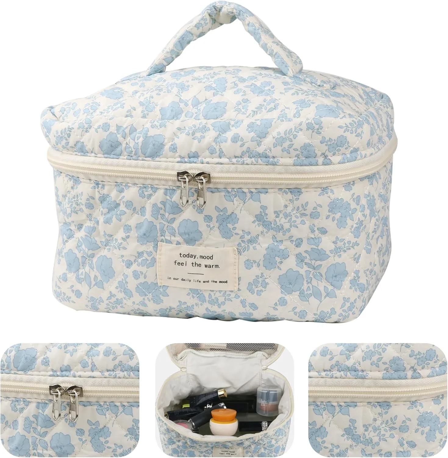2Pcs Large Capacity Makeup Bag for Women, Cute Portable Quilted Coquette Aesthetic Floral Cosmetic Bag, Organizer Storage Travel Toiletry Bag (0091-Navy Blue)