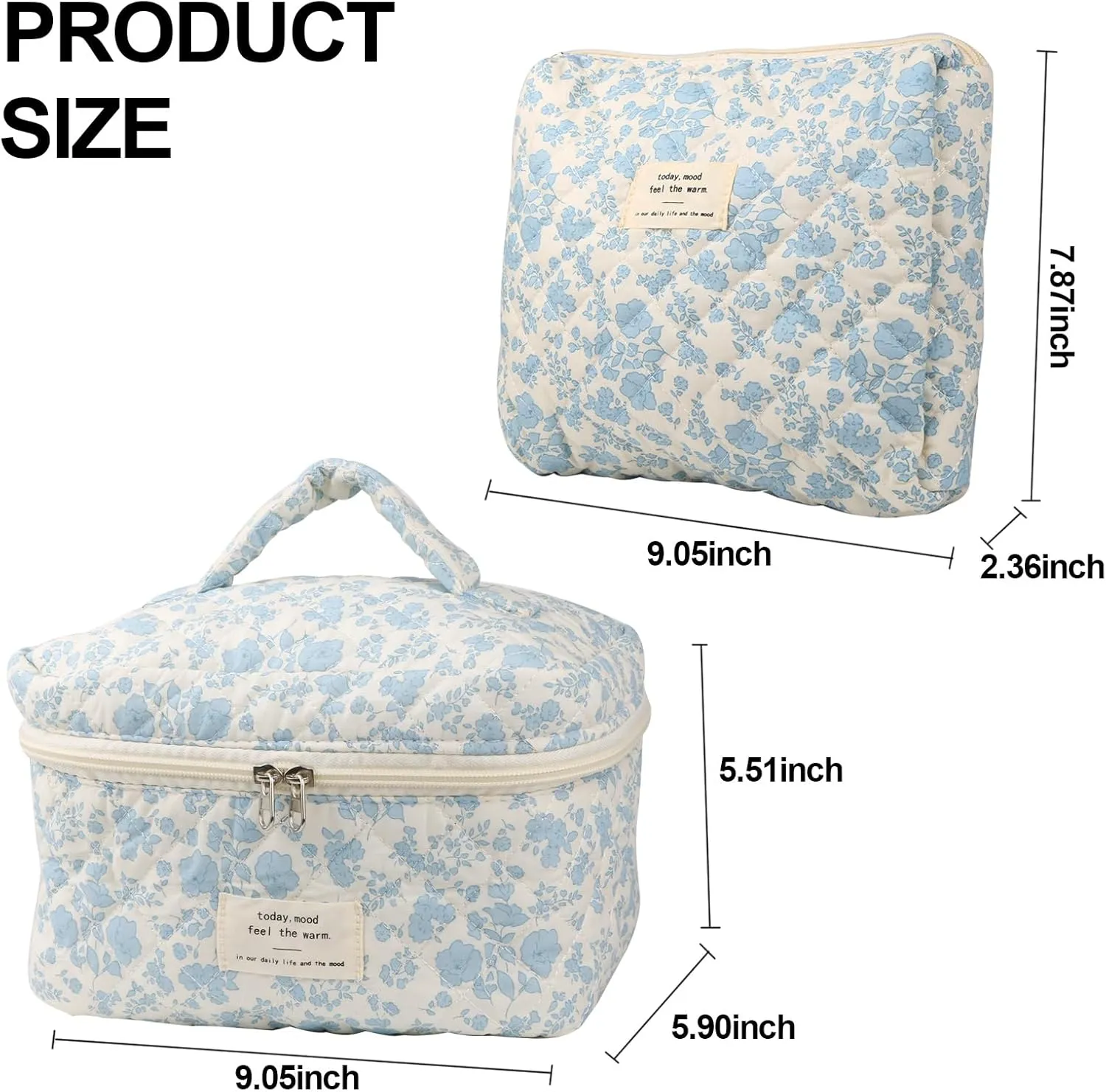 2Pcs Large Capacity Makeup Bag for Women, Cute Portable Quilted Coquette Aesthetic Floral Cosmetic Bag, Organizer Storage Travel Toiletry Bag (0091-Navy Blue)