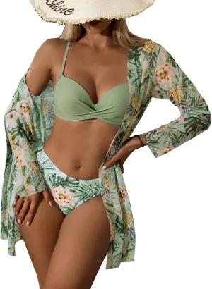 3 Piece Women's Swimsuit, Sexy Floral Printed Push Up Bikini Set with Kimono Cover Ups, High Waist Beach Wear (as1, Alpha, l, Regular, Regular, Avocado Green)