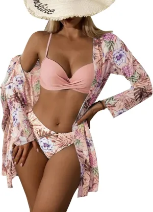 3 Piece Women's Swimsuit, Sexy Floral Printed Push Up Bikini Set with Kimono Cover Ups, High Waist Beach Wear (as1, Alpha, m, Regular, Regular, Light Pink)
