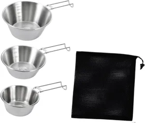 3 Pieces Camping Bowls Set 304 Stainless Steel Stackable Lightweight Outdoor Dinnerware for Travel Hiking BBQ- Folding Handle