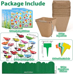 30 Pcs DIY Garden Paper Pot Craft Kit Spring Floral Plant Growing Craft Kits with Paper Pot Stickers Labels Butterfly Sticks Foam Grass Stickers for Spring Summer Science Garden Gift
