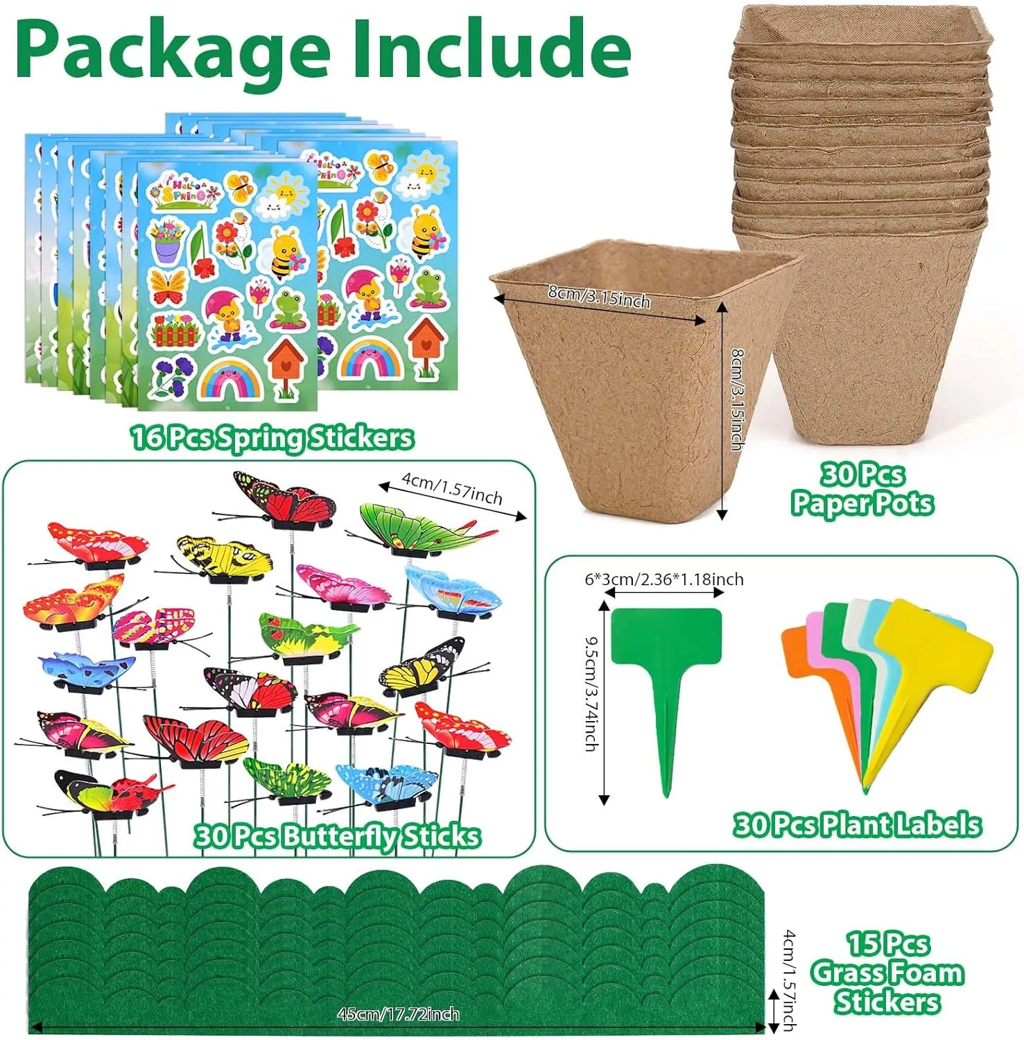 30 Pcs DIY Garden Paper Pot Craft Kit Spring Floral Plant Growing Craft Kits with Paper Pot Stickers Labels Butterfly Sticks Foam Grass Stickers for Spring Summer Science Garden Gift