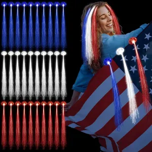 30 PCS Red Blue White LED Lights Hair Light-Up Fiber Optic LED Hair Barrettes Extensions Light Flashing Fiber Optic Hair Braid Barrettes Hair Clips for Halloween Christmas July 4th Wedding Carnival