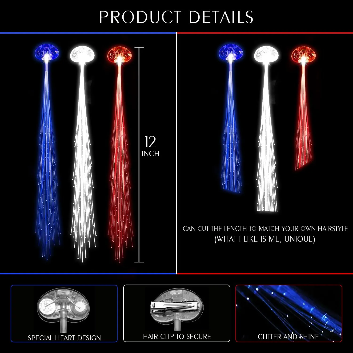 30 PCS Red Blue White LED Lights Hair Light-Up Fiber Optic LED Hair Barrettes Extensions Light Flashing Fiber Optic Hair Braid Barrettes Hair Clips for Halloween Christmas July 4th Wedding Carnival
