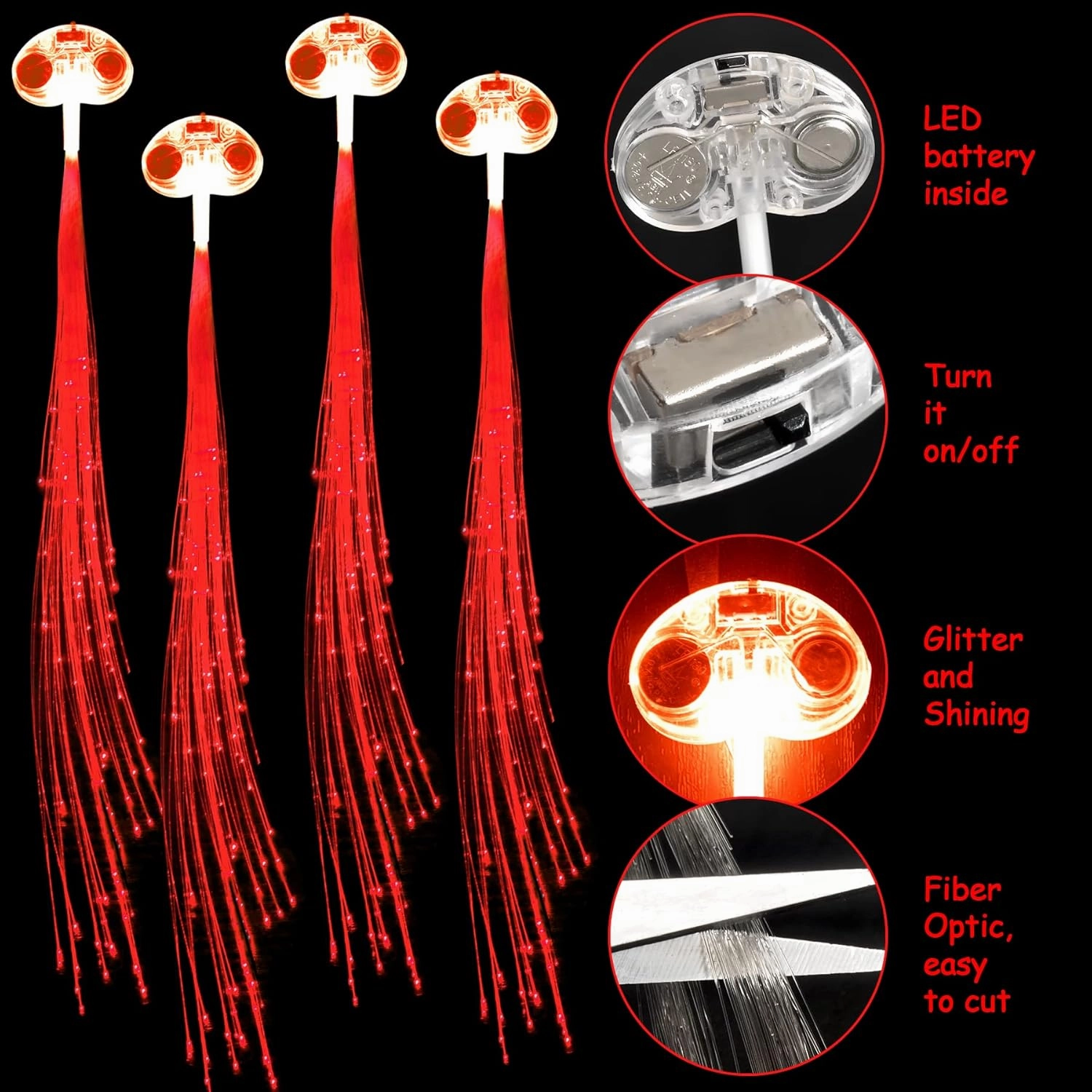 30 Pack Red LED Lights Fiber Optic Hair Barrettes Extensions Light Flashing Fiber Optic Hair Braid Barrettes Clips for 4th of July Party Favors Festival Party Bar Concert