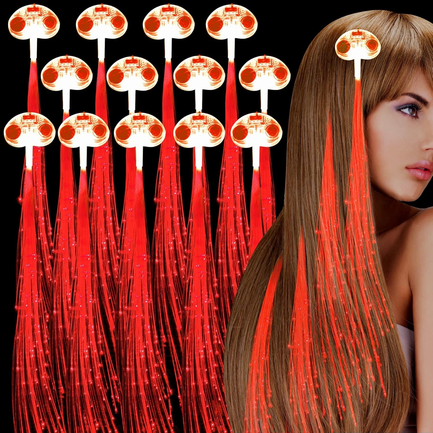 30 Pack Red LED Lights Fiber Optic Hair Barrettes Extensions Light Flashing Fiber Optic Hair Braid Barrettes Clips for 4th of July Party Favors Festival Party Bar Concert