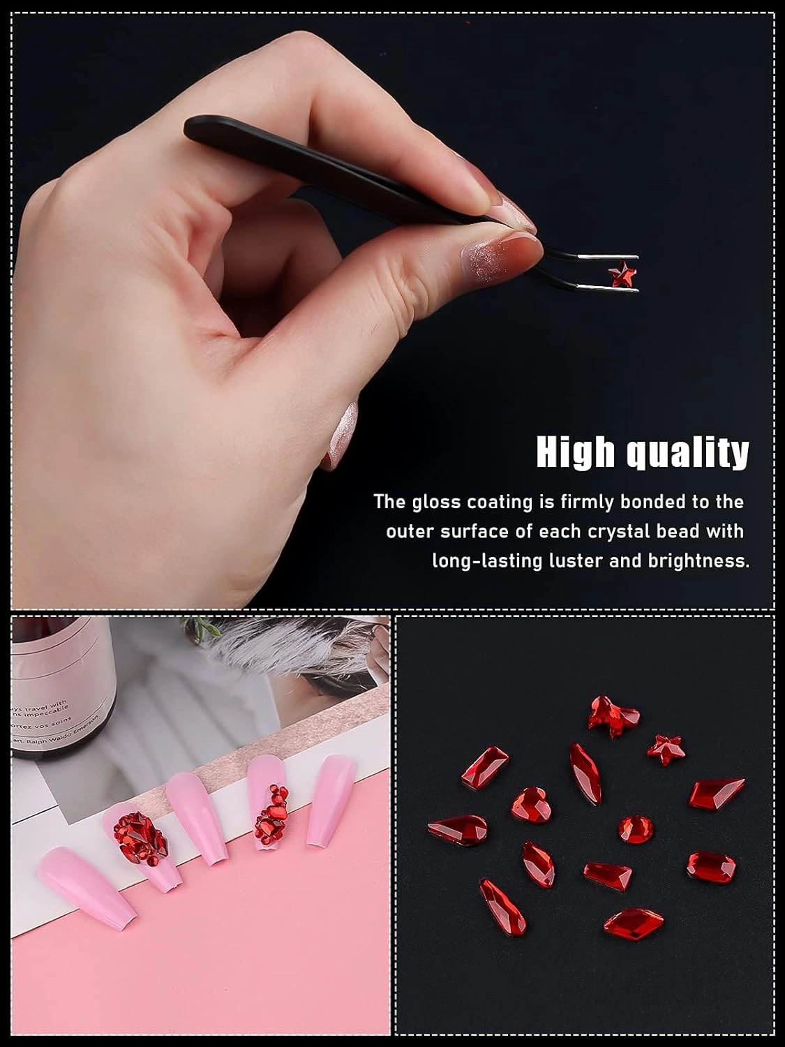 3100Pcs Red Rhinestones for Nails EBANKU Nail Art Rhinestones Kit Red Nail Crystal Rhinestones Mixed Shape with Rhinestone Picker Dotting Pen Tweezers for Valentine's Day DIY Nail Art Craft