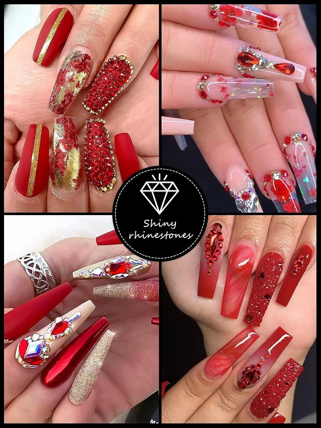 3100Pcs Red Rhinestones for Nails EBANKU Nail Art Rhinestones Kit Red Nail Crystal Rhinestones Mixed Shape with Rhinestone Picker Dotting Pen Tweezers for Valentine's Day DIY Nail Art Craft
