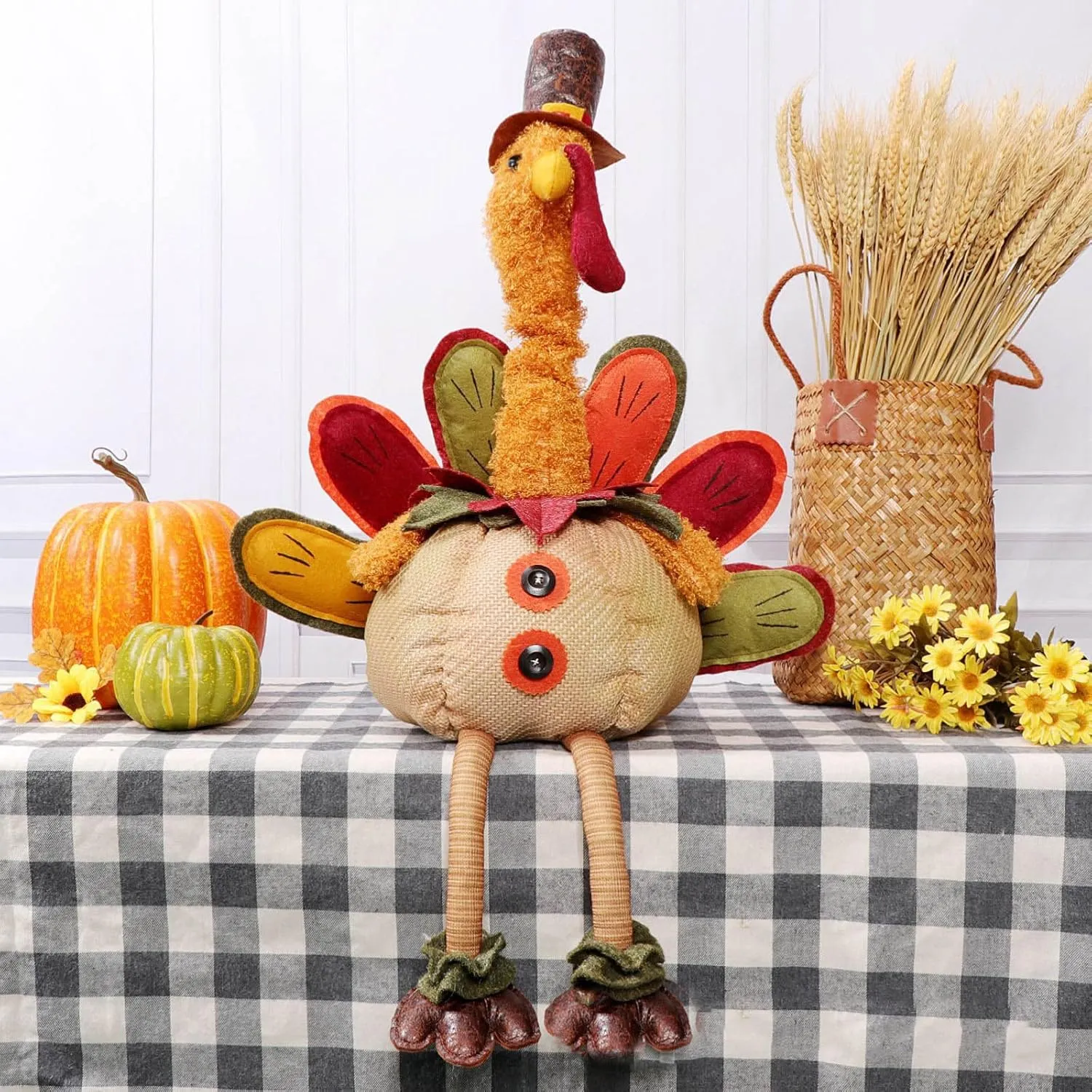 32 Inch Thanksgiving Turkey Stuffed Doll Figurines Thanksgiving Tabletop Decorations Exquisite Handmade Turkey Plush Doll Kit for Autumn Fall Harvest Home and Room Ornaments (Gentleman Turkey)