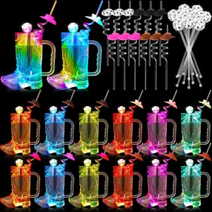 36 Sets LED Cowboy Boot Mug Cups 17 oz including 12 Flashing Cowboy Drink Mugs 12 Hat Straws 12 Mirror Disco Ball Stirrers for Western Theme Bachelorette Birthday Party Favor (LED Colorful)
