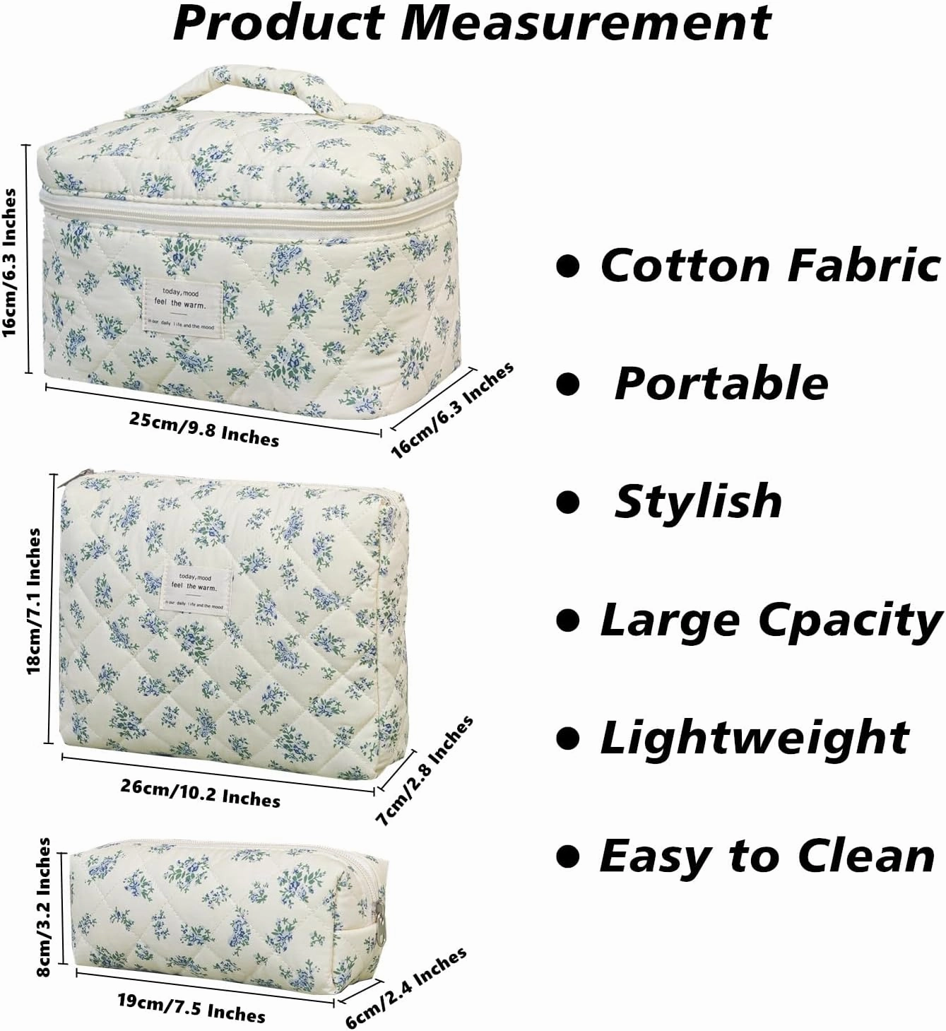 3 PCS Cosmetic Bag, Quilted Makeup Bag Set, Large Floral Cotton Make Up Bag for Women, Flower Travel Toiletry Organizer Bag, Coquette Makeup Pouch (Blue Flower)