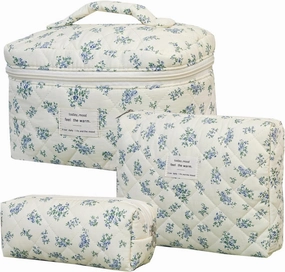 3 PCS Cosmetic Bag, Quilted Makeup Bag Set, Large Floral Cotton Make Up Bag for Women, Flower Travel Toiletry Organizer Bag, Coquette Makeup Pouch (Blue Flower)