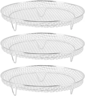 3Pcs Round Air Fryer Dehydrator Racks, Food Grade Stainless Steel Material, Easy Assemble Silver Adjustable Layer Stackable Racks Basket for Oven Pressure Cooker Air Fryer Fruit Meat Dehydration Toast