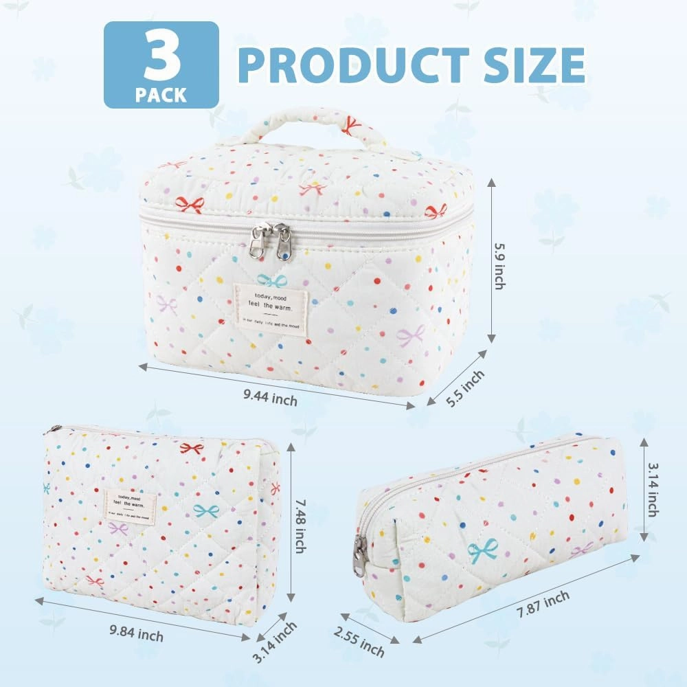 3Pcs Cotton Quilted Makeup Bag Set,Large Floral Cosmetic Bag，Aesthetic Toiletry Travel Makeup Bag Set and Cute Flower Bag for Women Girls (Apricot Colored Dot)